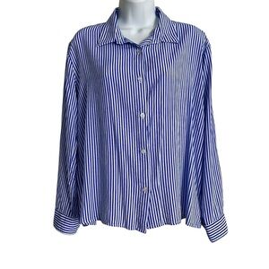 Blue White Stripe Button-Up Shirt Large Roll Up Sleeve Rayon Casual Lightweight